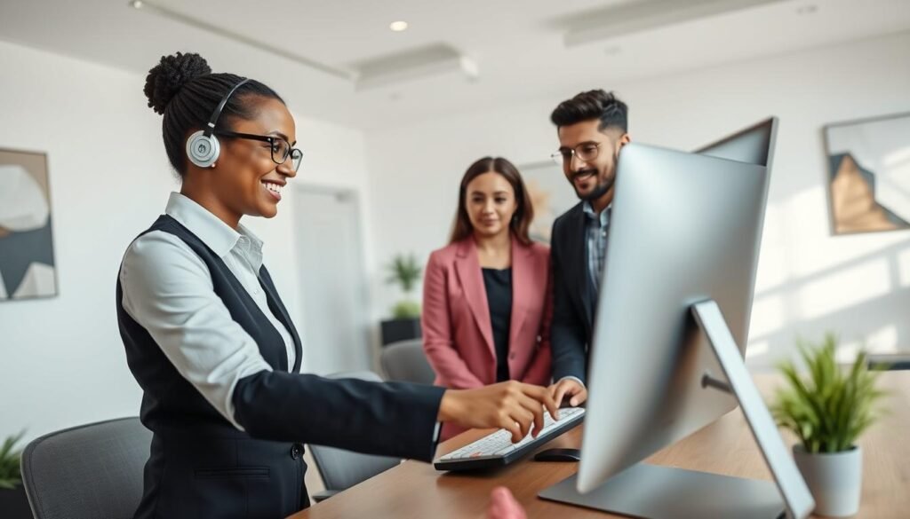 A modern office setting with a UTown customer service representative assisting a client with a transaction. The foreground features the representative, dressed professionally, smiling warmly and gesturing as they explain a process on a sleek, minimalist desktop computer. The middle ground showcases the client, also dressed smartly, intently focused on the screen. The background depicts a spacious, well-lit room with clean lines, muted colors, and subtle abstract art on the walls, conveying a sense of efficiency and quality. Soft, directional lighting casts a pleasant glow, while a wide-angle lens captures the scene from an angle that emphasizes the collaborative nature of the interaction. The overall mood is one of helpful, personalized service within a modern, streamlined environment. Prompt A modern office setting with a UTown customer service representative assisting a client with a transaction. The foreground features the representative, dressed professionally, smiling warmly and gesturing as they explain a process on a sleek, minimalist desktop computer. The middle ground showcases the client, also dressed smartly, intently focused on the screen. The background depicts a spacious, well-lit room with clean lines, muted colors, and subtle abstract art on the walls, conveying a sense of efficiency and quality. Soft, directional lighting casts a pleasant glow, while a wide-angle lens captures the scene from an angle that emphasizes the collaborative nature of the interaction. The overall mood is one of helpful, personalized service within a modern, streamlined environment. Prompt
