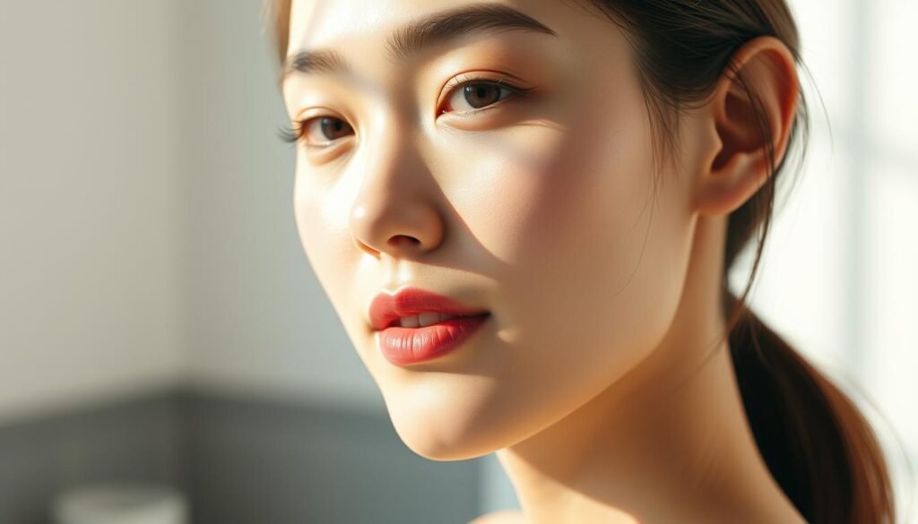A high-quality, close-up portrait shot of a woman with flawless, glowing skin, showcasing the Glowin' Beaute "Oligio X 原美電波" skincare product. Soft, warm lighting from the left, creating gentle shadows and highlights that accentuate the product's luxurious, efficacious formula. The woman's expression is serene and radiant, capturing the essence of the "全年皆宜的肌膚保養療程". The background is a minimalist, neutral environment, allowing the subject and the product to take center stage.