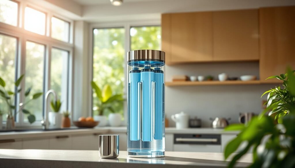 A modern, sleek whole-house water filtration system stands prominently in a bright, airy kitchen. Gleaming stainless steel and tempered glass materials convey a sense of high-quality, technological sophistication. Carefully positioned lighting illuminates the system's intricate inner workings, showcasing its advanced filtration capabilities. In the background, lush greenery and natural sunlight streaming through large windows create a serene, healthful ambiance, symbolizing the system's role in providing clean, safe water for the Taiwanese household. The composition emphasizes the system's central importance as a trusted guardian of domestic water quality.