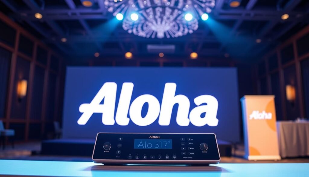 A modern, well-lit LED display board stands prominently in the foreground, showcasing the brand name "Aloha" in crisp, vibrant letters. The mid-ground features a sleek, minimalist control panel with intuitive buttons and settings, hinting at the device's user-friendly interface. In the background, a dimly lit event space sets the stage, emphasizing the display's ability to enhance the atmosphere and elevate the overall presentation. The image conveys a sense of professionalism, efficiency, and technological sophistication, perfectly aligning with the article's focus on the benefits of using an LED display for improved event management.