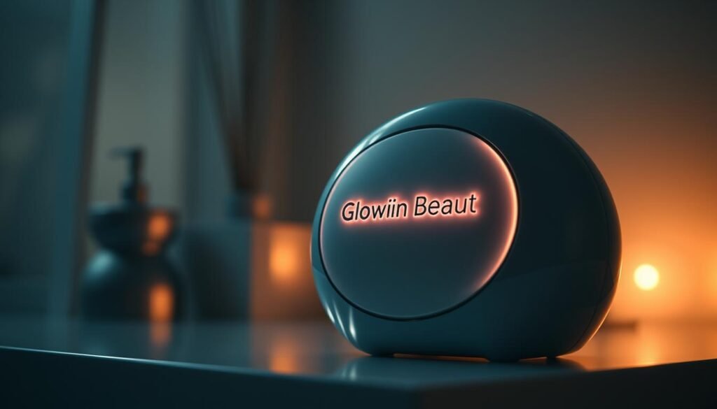 A sleek, futuristic-looking device with the brand name "Glowin Beaute" prominently displayed. The device has a smooth, metallic finish and emits a soft, warm glow, hinting at its advanced skincare technology. The foreground is in sharp focus, while the background is slightly blurred, creating a sense of depth and emphasis on the device. The lighting is low-key and moody, casting dramatic shadows that add depth and dimension to the image. The overall mood is one of sophistication, innovation, and the promise of rejuvenated, glowing skin.