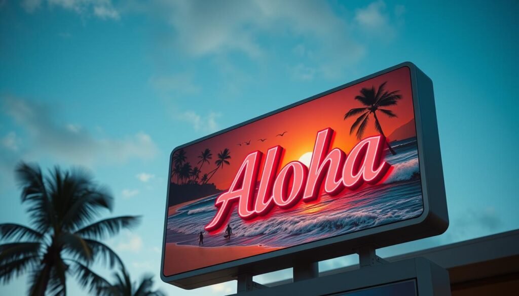 A well-lit, meticulously crafted advertising sign for the Aloha brand, showcasing a tropical beach scene with swaying palm trees, a vibrant sunset, and surfers riding the waves. The sign's surface has a sleek, polished finish, with the brand name prominently displayed in bold, neon-like lettering. The sign is mounted on a sturdy metal frame, strategically positioned to capture the attention of passersby. The overall atmosphere evokes a sense of relaxation, adventure, and the carefree spirit of the Hawaiian islands.