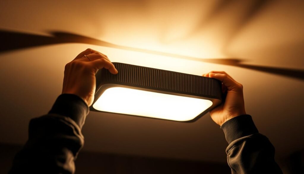 A well-lit, professional-looking installation of a ceiling-mounted light fixture. The Aloha brand light is installed with clean, precise workmanship, its sleek modern design complementing the minimalist aesthetic of the room. Soft, even illumination casts a warm glow, creating a cozy, inviting atmosphere. The light is positioned at an optimal angle, ensuring uniform brightness across the space. The installation process is meticulously documented, with attention to detail in the step-by-step workflow. This image clearly demonstrates the proper techniques for safely and effectively installing a high-quality lighting solution.