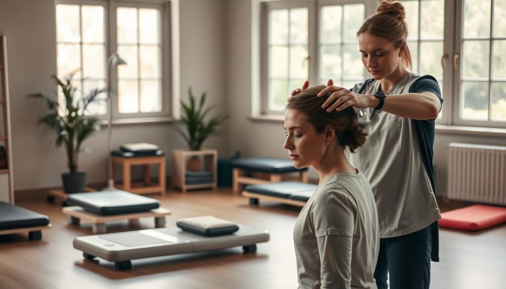 A well-lit scene depicting a physical therapy session focused on addressing inner ear imbalance. In the foreground, a physiotherapist guides a patient through a series of controlled head and neck movements, using gentle hands to stabilize the patient's head. The middle ground features various physical therapy equipment, such as balance boards and pressure pads, arranged to facilitate the treatment. The background showcases a serene, nature-inspired setting, perhaps with a window overlooking a tranquil garden, creating a calming atmosphere conducive to the healing process. The overall composition conveys a sense of care, expertise, and a holistic approach to restoring inner ear balance and rehabilitation.
