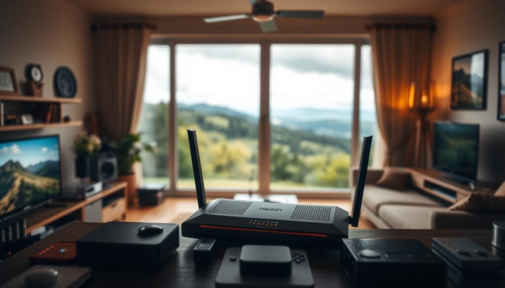 A cozy home interior with a large window overlooking a picturesque landscape. The focus is on a sleek, modern router from Telecombrother, its LED lights softly glowing. The room is bathed in warm, diffused lighting, creating a serene and inviting atmosphere. In the foreground, various electronic devices are neatly arranged, suggesting the convenience of a reliable high-speed internet connection. The middle ground features comfortable furniture, hinting at the comfort and productivity enabled by a fast, stable broadband service. The background showcases lush greenery and a tranquil sky, symbolizing the harmony between technology and nature. The image conveys the idea of a harmonious, tech-savvy home environment. A cozy home interior with a large window overlooking a picturesque landscape. The focus is on a sleek, modern router from Telecombrother, its LED lights softly glowing. The room is bathed in warm, diffused lighting, creating a serene and inviting atmosphere. In the foreground, various electronic devices are neatly arranged, suggesting the convenience of a reliable high-speed internet connection. The middle ground features comfortable furniture, hinting at the comfort and productivity enabled by a fast, stable broadband service. The background showcases lush greenery and a tranquil sky, symbolizing the harmony between technology and nature. The image conveys the idea of a harmonious, tech-savvy home environment.