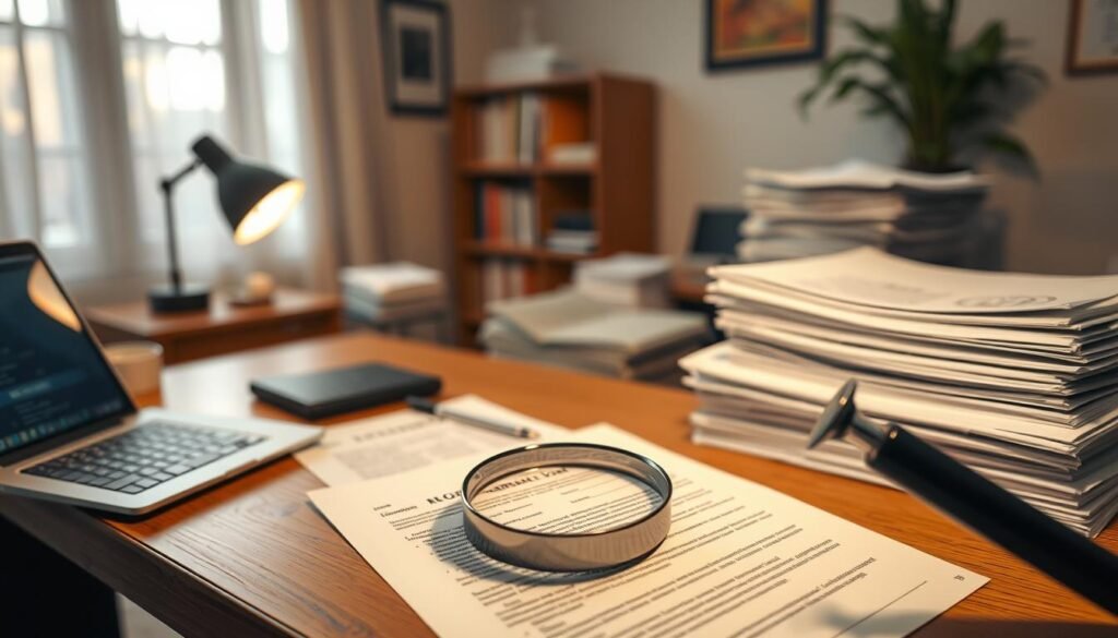 A cozy office interior with a wooden desk, a laptop, a calculator, and stacks of documents representing the intricacies of personal loan applications. Soft, diffused lighting casts a warm glow, creating an atmosphere of diligent financial analysis. In the foreground, a magnifying glass hovers over a loan agreement, emphasizing the attention to detail required when evaluating the terms and costs of a private microloan. The scene conveys a sense of careful consideration and financial responsibility, reflecting the section title "民間小額貸款的利率與費用：如何計算總成本？".