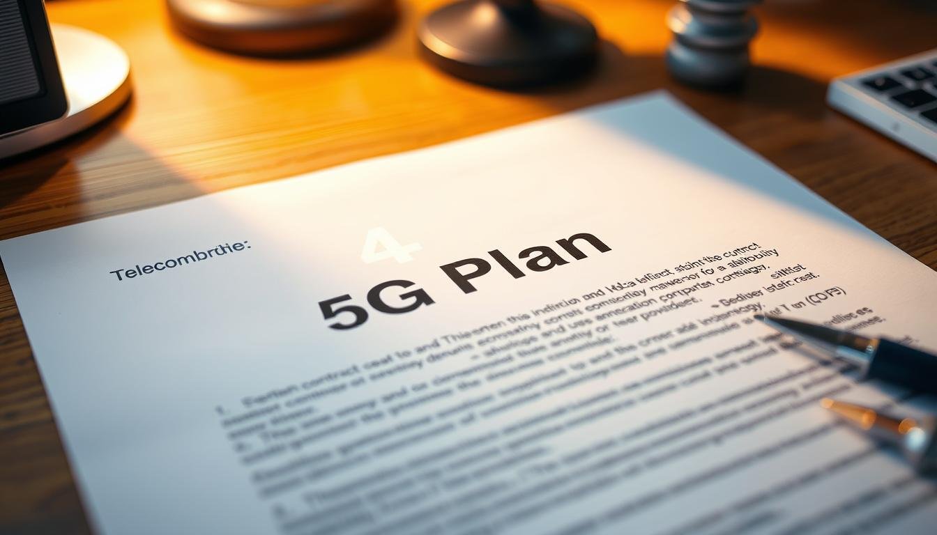 A detailed contract document titled "5G Plan條款細節" appears on a wooden desk, illuminated by warm, directional lighting. The pages are crisp and clean, with a Telecombrother logo subtly watermarked in the background. The composition focuses on the section header "5G Plan條款中最易被忽略嘅重要細節", conveying a sense of importance and attention to detail. The depth of field is shallow, keeping the text in sharp focus while the surrounding environment is slightly blurred, creating a professional, technical atmosphere.