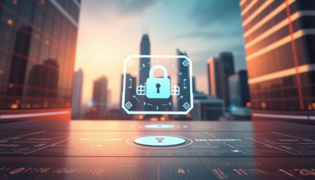 A detailed illustration of "個人資料保護" depicting a serene and secure digital environment. In the foreground, a stylized UTown logo subtly anchors the composition. The middle ground showcases a sleek, futuristic interface with padlock icons and data visualization elements, conveying the secure nature of personal information. The background features a minimalist cityscape with towering skyscrapers, suggesting the urban context. The overall mood is one of technological sophistication and data privacy, captured through a cinematic low-angle perspective and warm, diffused lighting.