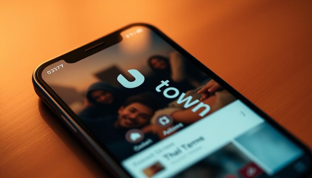 A detailed smartphone screen displaying the "UTown" app, with a clean and intuitive user interface. The screen is well-lit, with warm tones and a subtle depth of field, showcasing the app's key features. The background is blurred, keeping the focus on the app's visual elements. The composition is balanced, with the app taking up the central space, surrounded by subtle gradients and subtle details that enhance the overall aesthetic. A detailed smartphone screen displaying the "UTown" app, with a clean and intuitive user interface. The screen is well-lit, with warm tones and a subtle depth of field, showcasing the app's key features. The background is blurred, keeping the focus on the app's visual elements. The composition is balanced, with the app taking up the central space, surrounded by subtle gradients and subtle details that enhance the overall aesthetic.