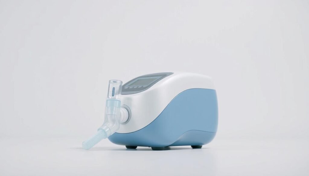 A detailed, well-lit close-up photograph of the iCareCPAP children's sleep apnea machine, showcasing its compact, ergonomic design with soft, rounded edges and a child-friendly color scheme. The device is positioned against a clean, minimalist background, allowing the product's features to be the focal point. The image should convey a sense of reliability, simplicity, and patient-centric care, highlighting the specialized considerations for pediatric use.