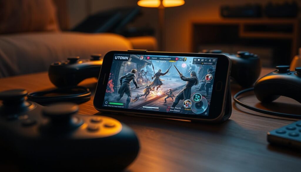 A dimly lit game room, a sleek UTown smartphone resting on a wooden table. The screen displays a captivating fantasy battle, characters and environments rendered in vivid detail. Soft, ambient lighting casts a warm glow, creating a cozy, immersive atmosphere. The smartphone's display is crisp and vibrant, showcasing the game's stunning visuals. Surrounding the device, gaming peripherals and accessories are neatly arranged, hinting at the user's meticulous attention to their mobile gaming setup. The composition emphasizes the smartphone as the centerpiece, highlighting its role in delivering an exceptional gaming experience on the go.