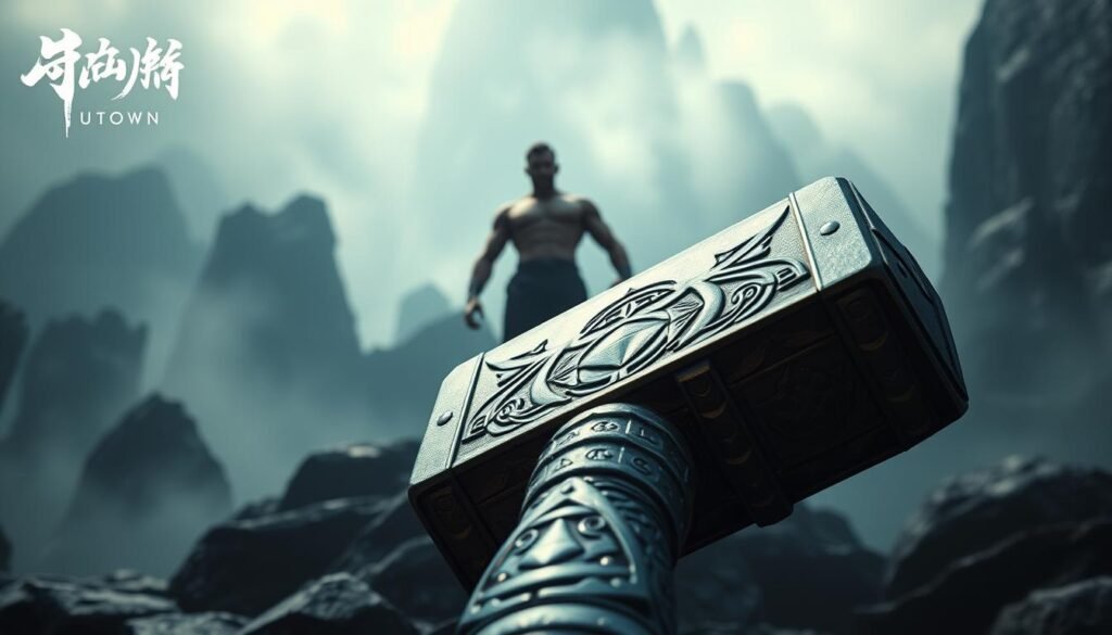 A dynamic, immersive image showcasing the &quot;雷神之鎚&quot; trial mode. Set in a grand, mythological landscape, the foreground features a colossal hammer, its metallic surface gleaming under dramatic lighting. The hammer's hilt is adorned with intricate UTown branding, conveying a sense of high-quality craftsmanship. In the middle ground, a powerful, muscular figure stands in a heroic pose, ready to wield the mighty weapon. The background is shrouded in an atmospheric mist, hinting at the fantastical realm of the Norse gods. The overall scene exudes a sense of awe, power, and the thrill of exploration, capturing the essence of the &quot;雷神之鎚&quot; trial mode.