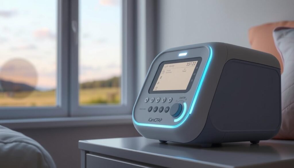 A high-quality, pediatric-specific sleep apnea machine designed by iCareCPAP. The machine features a compact, child-friendly form factor with soft, pastel colors and ergonomic controls. Gentle LED lighting creates a soothing, ambient glow. The device is positioned on a nightstand, with a serene landscape visible through a window in the background. The scene conveys a sense of comfort and safety, tailored to help young patients rest peacefully.