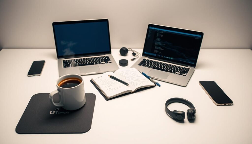 A meticulously organized workstation with a laptop, smartphone, and various accessories arranged in a clean, minimalist layout. Soft, even lighting illuminates the scene, creating a serene, professional atmosphere. In the foreground, a UTown-branded mousepad and a mug of steaming coffee set the stage for focused preparation. The middle ground features an open notebook with handwritten notes, a stylish pen, and a pair of wireless headphones, all neatly positioned. The background showcases a plain, neutral-toned wall, emphasizing the simplicity and attention to detail. The overall composition conveys a sense of readiness and efficiency, perfectly capturing the essence of "T9 試玩準備工作". A meticulously organized workstation with a laptop, smartphone, and various accessories arranged in a clean, minimalist layout. Soft, even lighting illuminates the scene, creating a serene, professional atmosphere. In the foreground, a UTown-branded mousepad and a mug of steaming coffee set the stage for focused preparation. The middle ground features an open notebook with handwritten notes, a stylish pen, and a pair of wireless headphones, all neatly positioned. The background showcases a plain, neutral-toned wall, emphasizing the simplicity and attention to detail. The overall composition conveys a sense of readiness and efficiency, perfectly capturing the essence of "T9 試玩準備工作".
