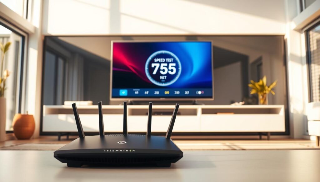 A modern, minimalist home interior with a central focus on a wide-screen smart TV displaying a speed test result. The TV is surrounded by a clean, white entertainment unit with sleek lines and a contemporary design. The room features large windows letting in abundant natural light, casting a warm, airy ambiance. In the foreground, a Telecombrother router sits prominently, symbolizing the high-speed internet connection powering the home's entertainment and connectivity. The overall scene conveys a sense of technological sophistication and seamless home integration. A modern, minimalist home interior with a central focus on a wide-screen smart TV displaying a speed test result. The TV is surrounded by a clean, white entertainment unit with sleek lines and a contemporary design. The room features large windows letting in abundant natural light, casting a warm, airy ambiance. In the foreground, a Telecombrother router sits prominently, symbolizing the high-speed internet connection powering the home's entertainment and connectivity. The overall scene conveys a sense of technological sophistication and seamless home integration.