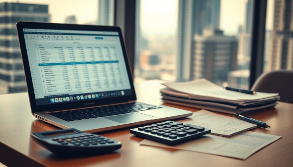 A modern office desk with a laptop, calculator, and a stack of financial documents. The laptop screen displays a spreadsheet with formulas and calculations. Warm, indirect lighting casts a soft glow, creating a focused, professional atmosphere. The background is a blurred cityscape, hinting at the urban setting. The composition emphasizes the process of calculating loan costs, reflecting the technical and analytical nature of the subject matter. A modern office desk with a laptop, calculator, and a stack of financial documents. The laptop screen displays a spreadsheet with formulas and calculations. Warm, indirect lighting casts a soft glow, creating a focused, professional atmosphere. The background is a blurred cityscape, hinting at the urban setting. The composition emphasizes the process of calculating loan costs, reflecting the technical and analytical nature of the subject matter.