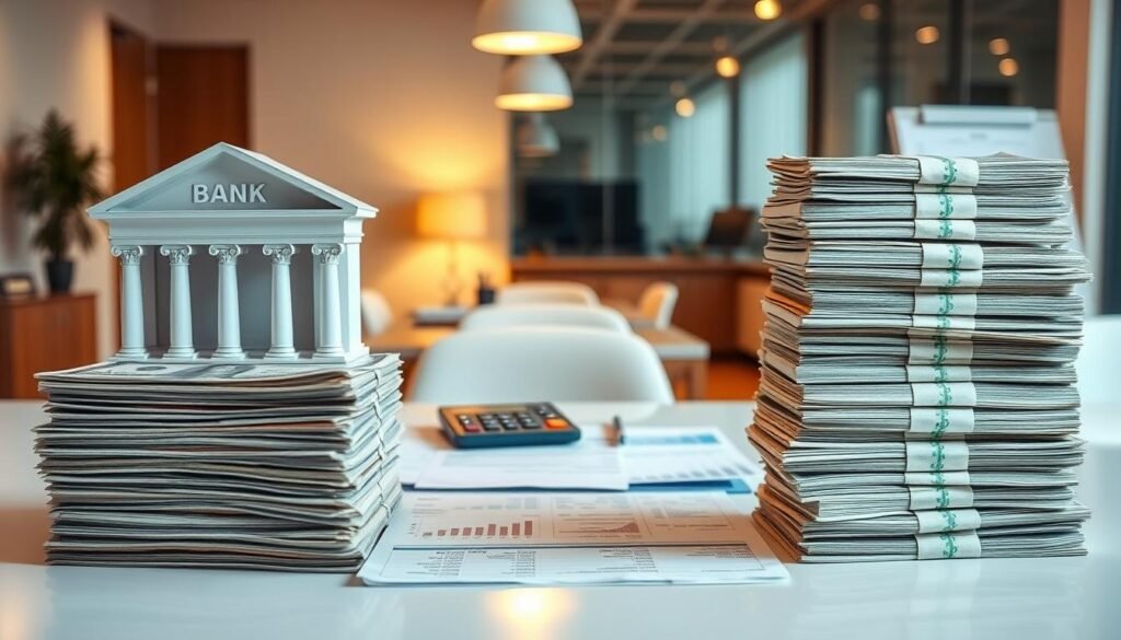 A side-by-side comparison of a bank loan and a private microloan, with a focus on their cost differences. In the foreground, two stacks of cash represent the total cost of each loan option, with the private microloan stack being significantly shorter. In the middle ground, financial documents and calculators illustrate the detailed breakdown of the costs. The background features a clean, professional office setting with modern furniture and equipment, suggesting a formal financial environment. The lighting is warm and inviting, creating a sense of trust and transparency. The overall mood conveys the importance of understanding the nuanced differences in the total costs of these two lending options. A side-by-side comparison of a bank loan and a private microloan, with a focus on their cost differences. In the foreground, two stacks of cash represent the total cost of each loan option, with the private microloan stack being significantly shorter. In the middle ground, financial documents and calculators illustrate the detailed breakdown of the costs. The background features a clean, professional office setting with modern furniture and equipment, suggesting a formal financial environment. The lighting is warm and inviting, creating a sense of trust and transparency. The overall mood conveys the importance of understanding the nuanced differences in the total costs of these two lending options.