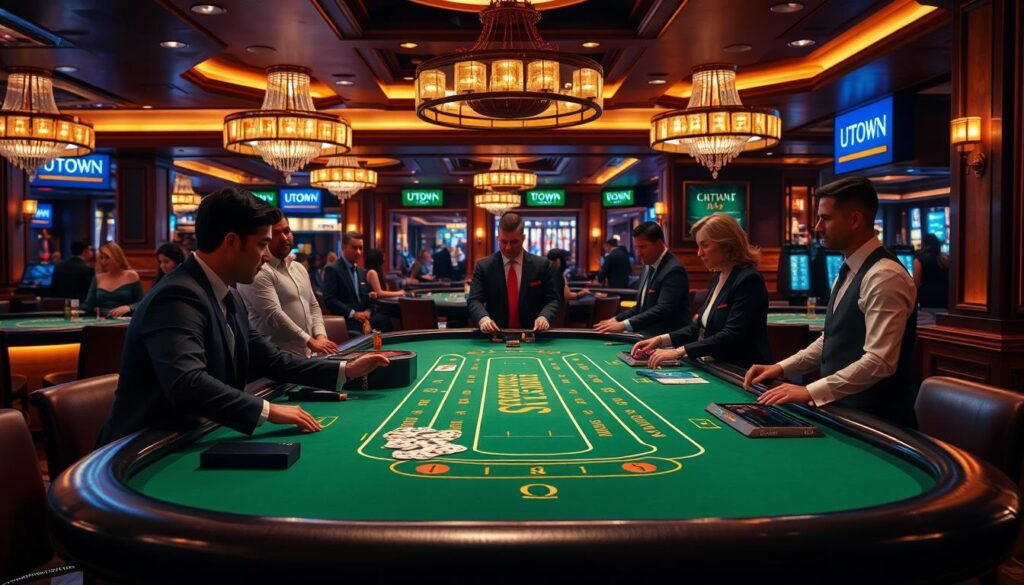 A sophisticated live casino table set within a luxurious UTown establishment. Elegant dealers dressed in formal attire interact with players, surrounded by the warm glow of ambient lighting and polished wood finishes. The table's green felt surface is the focal point, inviting players to engage in the thrilling game of baccarat. Camera angles capture the table from a variety of perspectives, highlighting the intensity and anticipation of the gameplay. An atmosphere of refined excitement and strategic decision-making permeates the scene.