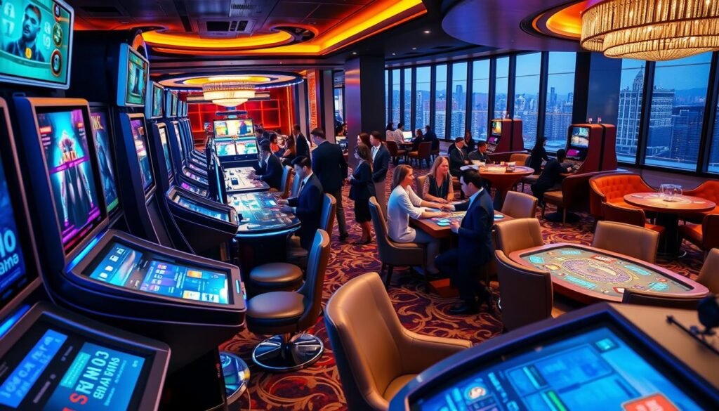 A vibrant gaming experience at UTown Entertainment City, showcasing a dynamic casino-style setting. The foreground features sleek gaming terminals and interactive stations, with neon lights and digital displays creating an immersive ambiance. In the middle ground, well-dressed patrons engage in various table games, their expressions a mix of concentration and excitement. The background depicts a luxurious lounge area, complete with plush seating, modern decor, and floor-to-ceiling windows offering a panoramic view of the city skyline. The overall scene conveys a sense of sophistication, entertainment, and the allure of a premium gaming destination.