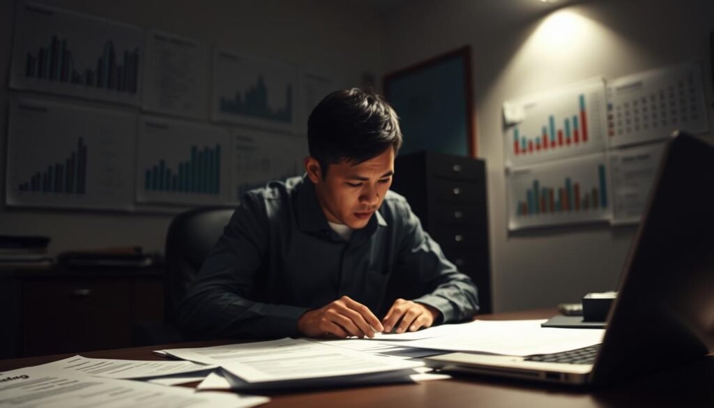 A dimly lit office space, the walls adorned with financial charts and graphs. In the foreground, a desk with a laptop and scattered documents, conveying the analytical nature of "民間貸款風險分析." The middle ground features a person, head bent over paperwork, brow furrowed in concentration, representing the decision-making process. The background casts a soft, moody glow, creating an atmosphere of seriousness and contemplation. Subtle shadows and highlights emphasize the tension and uncertainty inherent in the subject matter. The overall scene evokes a sense of careful evaluation and risk assessment, essential for understanding the complexities of private lending. A dimly lit office space, the walls adorned with financial charts and graphs. In the foreground, a desk with a laptop and scattered documents, conveying the analytical nature of "民間貸款風險分析." The middle ground features a person, head bent over paperwork, brow furrowed in concentration, representing the decision-making process. The background casts a soft, moody glow, creating an atmosphere of seriousness and contemplation. Subtle shadows and highlights emphasize the tension and uncertainty inherent in the subject matter. The overall scene evokes a sense of careful evaluation and risk assessment, essential for understanding the complexities of private lending.