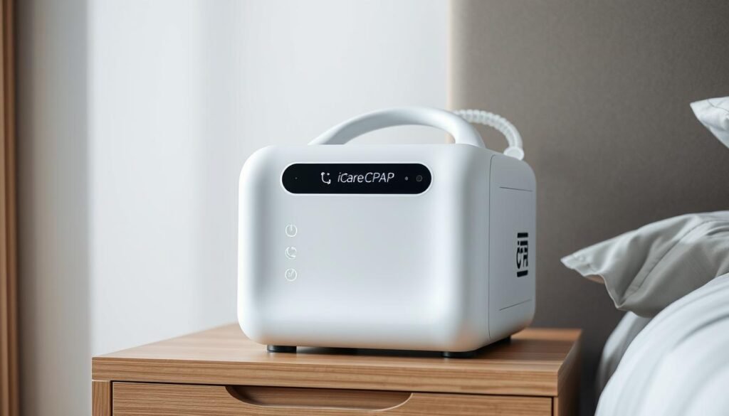 A high-quality, sleek and modern iCareCPAP sleep apnea machine, with a minimalist white and gray color scheme. The device has a streamlined, ergonomic design with clean lines and a compact, unobtrusive profile. Soft ambient lighting illuminates the control panel, providing an elegant and soothing visual effect. The machine is positioned on a modern, wooden nightstand, against a backdrop of a calming, neutral-toned bedroom interior, with muted lighting and subdued hues. The overall scene conveys a sense of comfort, relaxation and health-conscious technology seamlessly integrated into a domestic setting.