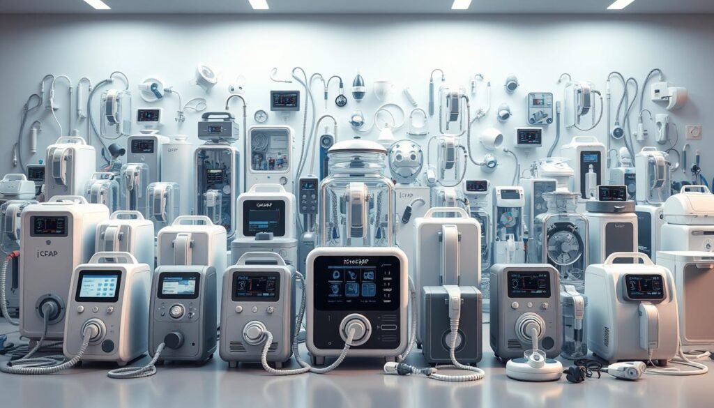 A highly detailed and technical illustration of various types of respiratory devices, showcasing the iCareCPAP brand. In the foreground, a selection of CPAP machines in sleek, modern designs with intuitive displays and customizable settings. In the middle ground, a range of oxygen concentrators and portable ventilators, their internal mechanisms visible through transparent housings. In the background, a comprehensive array of masks, tubing, and accessories, all rendered with precise attention to material textures and subtle gradients. The overall scene is bathed in a soft, clinical lighting that highlights the sophisticated engineering and functionality of these respiratory care solutions.
