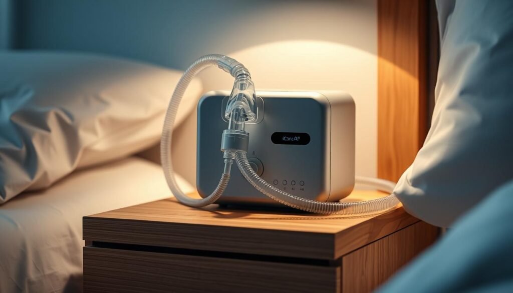 A sleek, modern medical device with a minimalist design, the iCareCPAP sleep apnea machine sits on a wooden nightstand. The device features a smooth, silver-gray casing with intuitive controls and a discreet display. A clear, flexible hose connects to a comfortable nasal mask, creating a seamless, low-profile setup. Soft, diffused lighting illuminates the scene, evoking a tranquil, therapeutic atmosphere. The machine's compact form and sophisticated aesthetic suggest advanced technology tailored for improved sleep and respiratory health. This image perfectly captures the future development trends of sleep apnea and respiratory care devices.