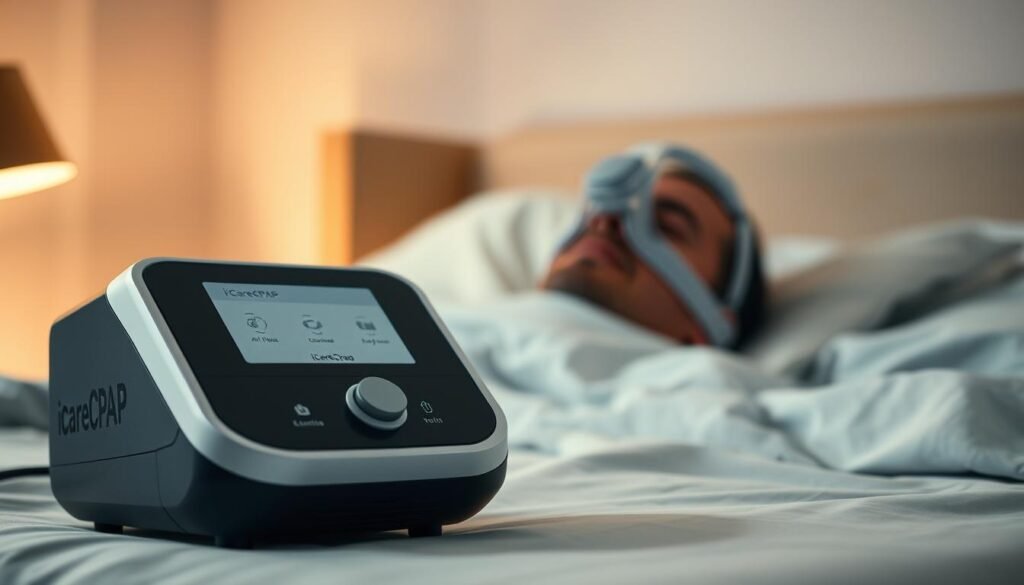 A detailed high-resolution image of the iCareCPAP sleep apnea machine, featuring its sleek and modern design. The machine is positioned in the foreground, showcasing its intuitive control panel, adjustable air flow settings, and comfortable mask attachment. In the middle ground, the mask is shown in use, demonstrating how it gently seals around the face to facilitate smooth and uninterrupted breathing. The background depicts a calming bedroom environment, with soft lighting and muted colors to convey the tranquility and restorative nature of the sleep apnea treatment. The overall scene highlights the iCareCPAP's essential role in providing effective and comfortable sleep therapy. A detailed high-resolution image of the iCareCPAP sleep apnea machine, featuring its sleek and modern design. The machine is positioned in the foreground, showcasing its intuitive control panel, adjustable air flow settings, and comfortable mask attachment. In the middle ground, the mask is shown in use, demonstrating how it gently seals around the face to facilitate smooth and uninterrupted breathing. The background depicts a calming bedroom environment, with soft lighting and muted colors to convey the tranquility and restorative nature of the sleep apnea treatment. The overall scene highlights the iCareCPAP's essential role in providing effective and comfortable sleep therapy.
