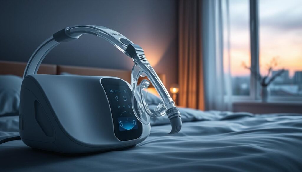 A high-quality, detailed illustration of the iCareCPAP sleep apnea machine. The device features a sleek, modern design with a curved front panel and a soft, silicone face mask. The machine is depicted against a dimly lit, calming bedroom scene, with soft lighting creating a soothing, restful atmosphere. The face mask is shown in the foreground, with the machine's control panel and display visible in the middle ground. In the background, a bedside table and a tranquil window scene create a peaceful, serene environment. The overall impression is one of advanced medical technology seamlessly integrated into a comfortable, restorative sleep setting.