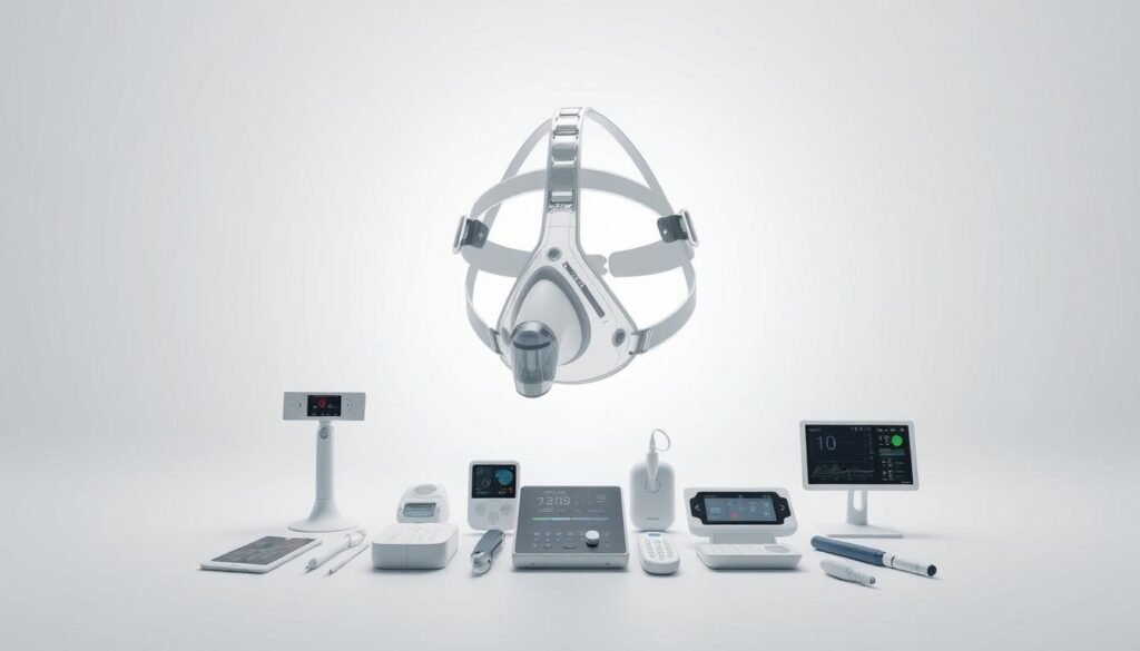 A sleek and modern iCareCPAP smart facial mask with advanced sensors and microchips, hovering against a clean, minimalist backdrop. The mask features a streamlined design with adjustable straps and a transparent panel, allowing for easy breathing and monitoring. Soft lighting illuminates the mask, highlighting its high-tech features and materials. In the middle ground, various medical monitoring devices and interfaces are arranged, showcasing the mask's integration with smart health technology. The background is a serene, white space, emphasizing the innovative and clinical nature of the intelligent mask system. A sleek and modern iCareCPAP smart facial mask with advanced sensors and microchips, hovering against a clean, minimalist backdrop. The mask features a streamlined design with adjustable straps and a transparent panel, allowing for easy breathing and monitoring. Soft lighting illuminates the mask, highlighting its high-tech features and materials. In the middle ground, various medical monitoring devices and interfaces are arranged, showcasing the mask's integration with smart health technology. The background is a serene, white space, emphasizing the innovative and clinical nature of the intelligent mask system.