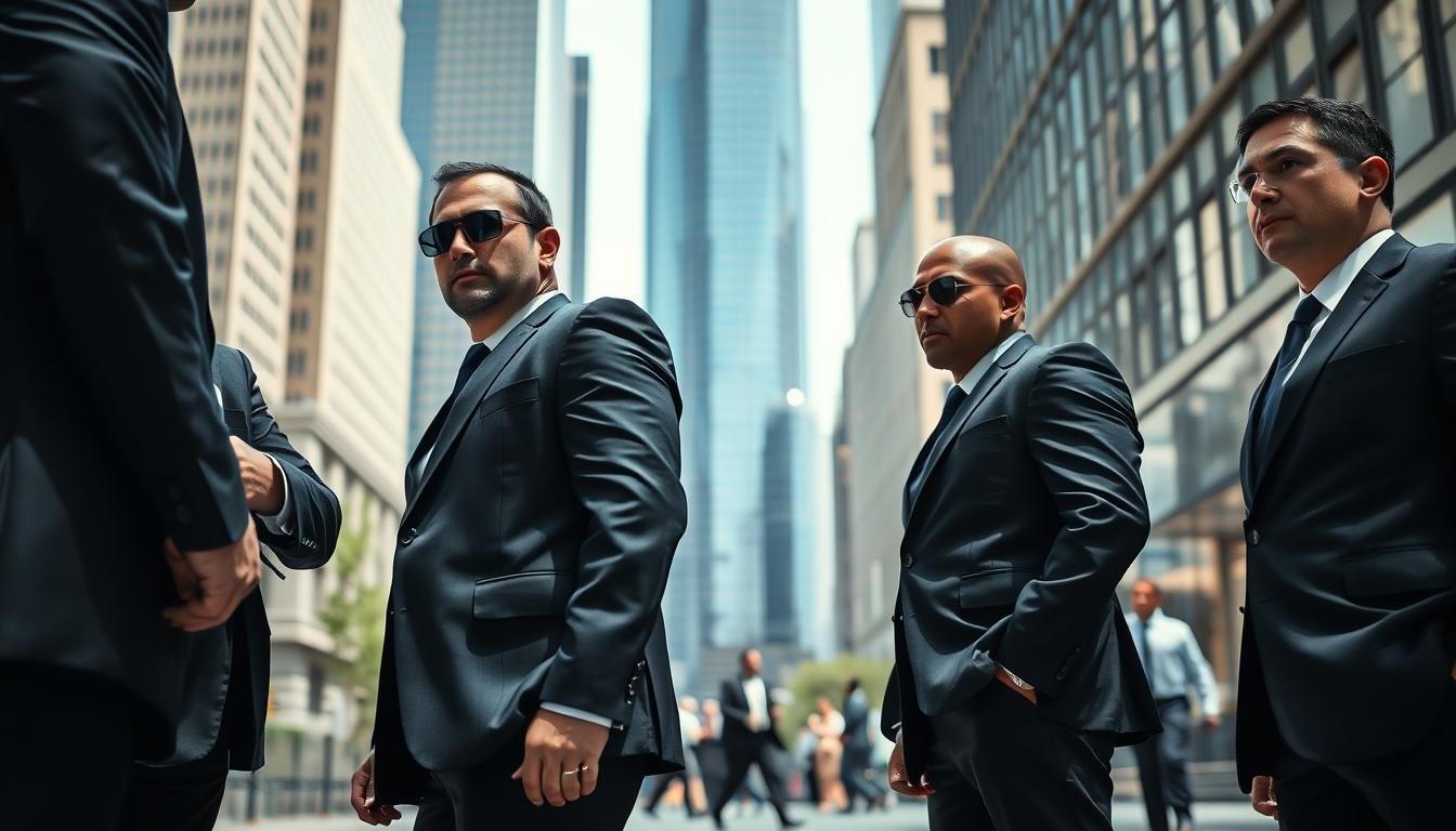 A professional close protection team stands in a tight, coordinated formation, demonstrating their strategic approach to personal security. The foreground features three bodyguards dressed in smart, dark suits, exuding confidence and vigilance. Their stances are assertive yet composed, conveying a sense of readiness as they scan the environment. In the middle ground, an upscale urban backdrop highlights the seriousness of their duty, with skyscrapers and passersby creating a dynamic context. The lighting is bright and natural, evoking a midday urgency, with soft shadows accentuating the bodyguards' strong features. The camera angle is slightly low, providing a sense of authority and focus on the team. The overall mood is tense yet professional, illustrating the importance of close protection strategies in urban settings.