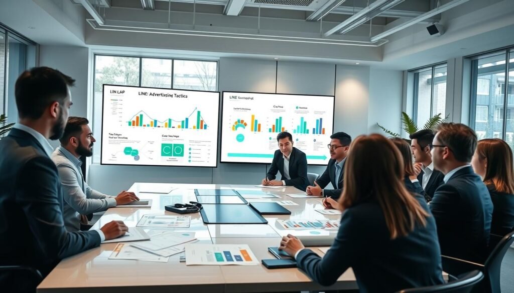 A professional setting showcasing a marketing strategy meeting focused on LINE social media tactics. In the foreground, a diverse group of business professionals dressed in smart casual attire is engaged in discussion around a sleek conference table filled with charts and digital devices. The middle layer features a large screen displaying dynamic graphs and flowcharts related to LINE LAP and LAP advertising concepts, illuminated by soft, focused lighting. In the background, a contemporary office space with minimalist design, large windows allowing natural light, and subtle greenery visible, creating an inviting yet professional atmosphere. The overall mood is collaborative and innovative, reflecting the essence of understanding marketing strategies.