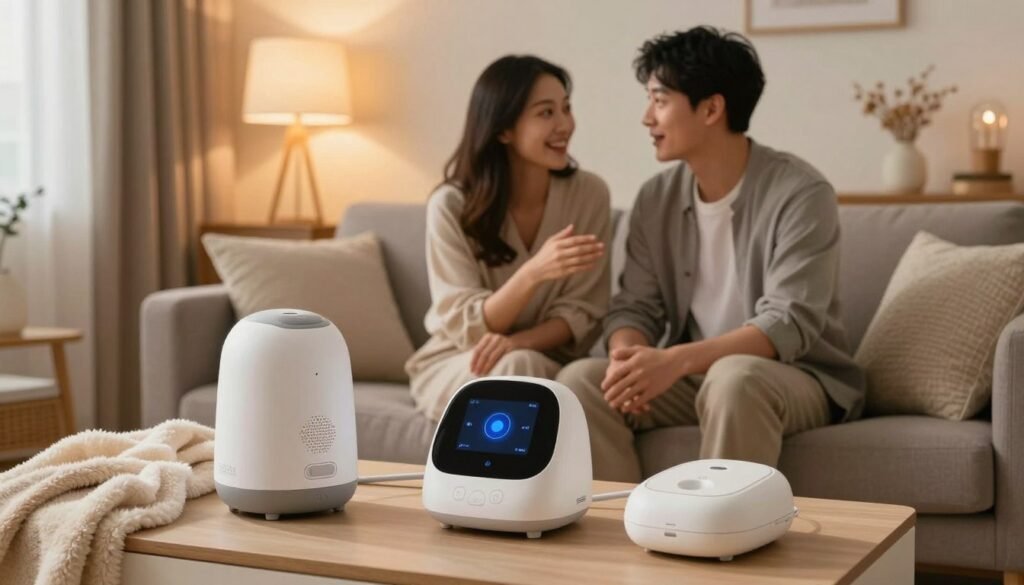 A serene and cozy atmosphere showcasing a well-lit room designed for relaxation and intimacy. In the foreground, a tasteful arrangement of high-quality, elegantly designed personal wellness devices, surrounded by soft fabrics like plush blankets and cushions. In the middle ground, a couple in professional attire or modest casual clothing sits together on a comfortable sofa, engaged in light conversation while looking at the devices with curiosity and excitement. The background features warm, ambient lighting from strategically placed lamps, creating a soft glow that enhances the romantic vibe. The overall composition reflects a narrative of discovery and enhancing personal experiences with a focus on wellness and connection, captured in a cinematic 4:3 aspect ratio.