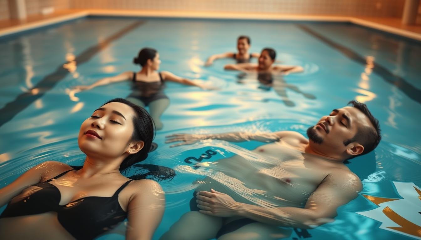 A serene indoor swimming pool scene featuring adult learners in a swimming class, relaxing in the water. In the foreground, two individuals, an Asian woman and a Caucasian man, float peacefully on their backs, eyes closed, embodying tranquility. The middle layer shows other class members practicing gentle strokes, highlighting unity and collaboration. The background includes softly lit tiles and reflections on the water surface, enhancing the calming atmosphere. The lighting is warm and inviting, casting gentle shadows that create depth. The angle captures the scene from above, giving a clear view of the relaxation techniques being practiced. Overall, the mood is serene and restorative, emphasizing the benefits of swimming for improved sleep quality.
