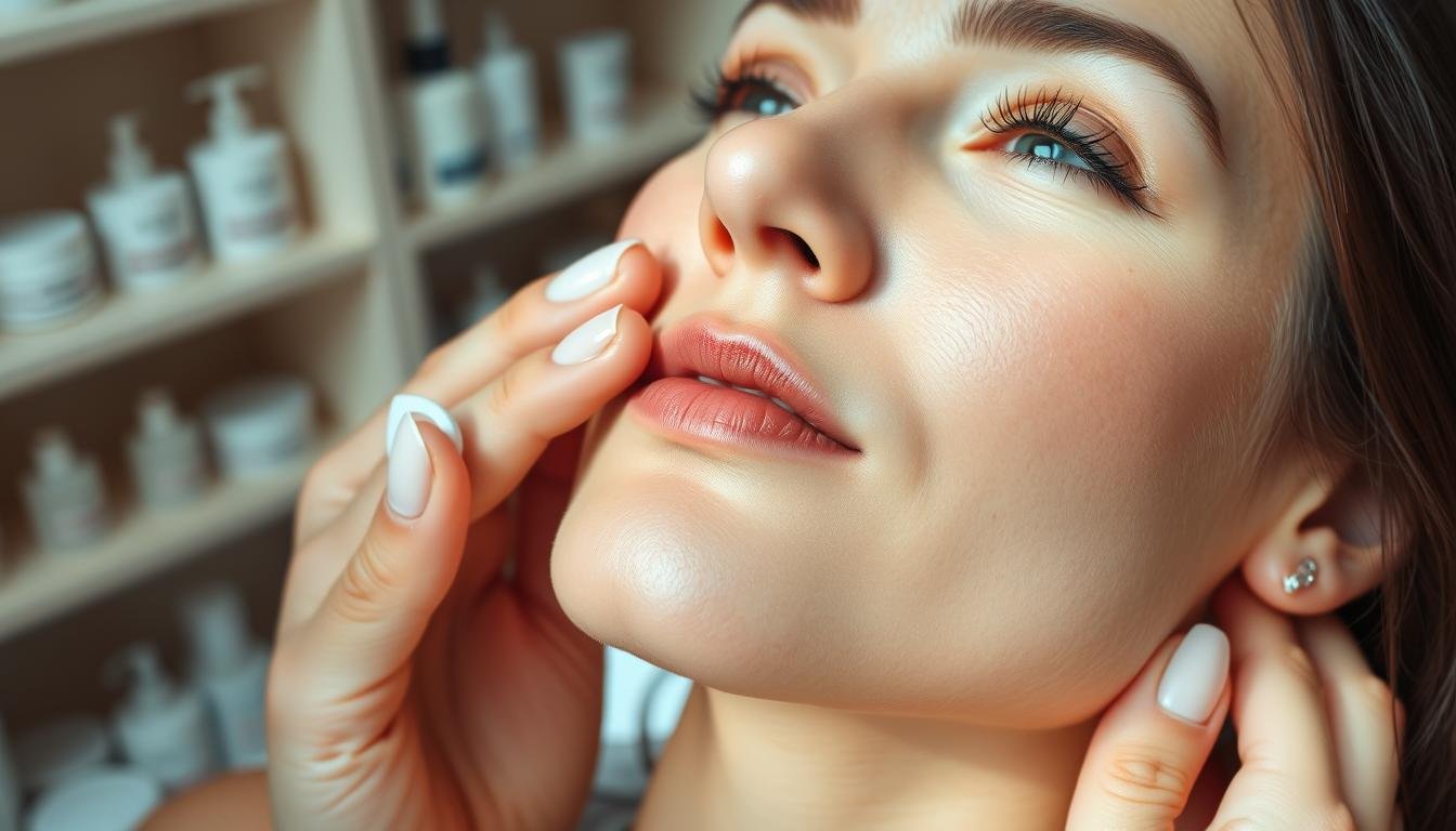 A close-up image of a woman’s face receiving post-treatment care after pico laser therapy, showcasing her smooth and refreshed skin. The foreground features her gentle hands applying a soothing cream with a serene expression, emphasizing care and comfort. In the middle, a soft-focus view highlights skin that appears clear and rejuvenated, free of spots and blemishes. The background subtly includes shelves of skincare products, creating a calm, spa-like atmosphere with soft, natural lighting that enhances the healthy glow of her skin. The angle captures the intimacy of self-care, evoking a feeling of peace and optimism about skin rejuvenation. The overall mood is one of healing and professional skincare treatment without any distractions or text overlays.