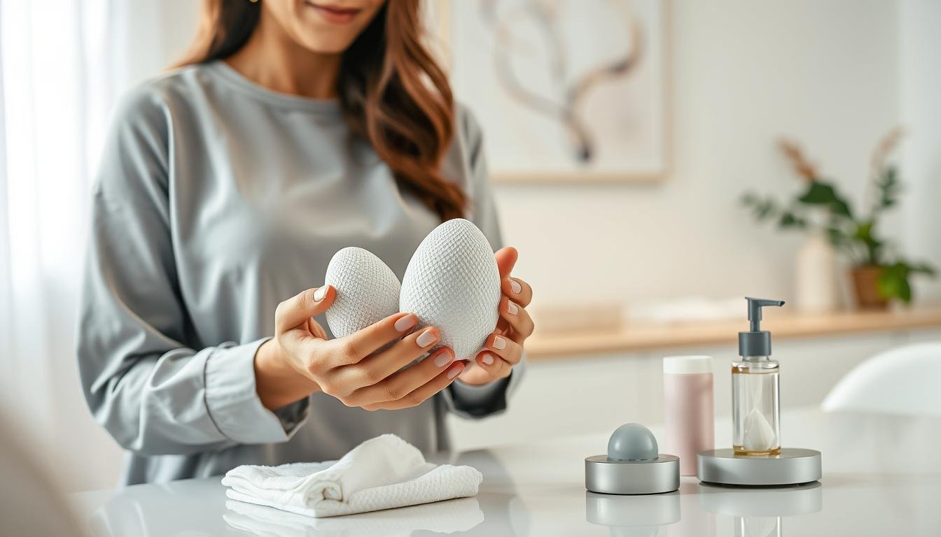 A serene, well-lit setting showcasing a professional woman in modest casual clothing demonstrating the correct usage of a silent vibrating egg product. In the foreground, her hands gently hold the product while she explains its features, emphasizing the textured surface and controls. The middle ground displays an elegantly arranged table with various care items: a soft cloth, a bottle of cleaning solution, and a charging dock, all in a harmonious color palette. Soft, diffused lighting illuminates the scene, creating an inviting atmosphere. The background features a light, neutral-toned wall adorned with abstract art to enhance the professional tone, while the entire composition conveys a sense of calmness and expertise in personal care practices.