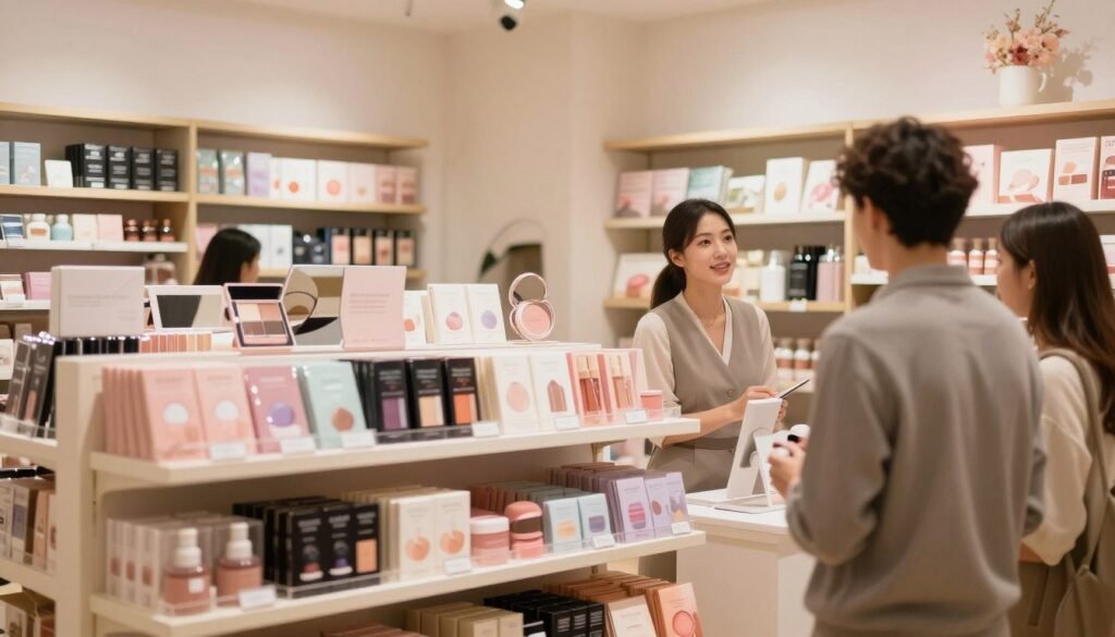 A well-lit, cozy interior of a specialized retail store for adult products, focusing on a display area showcasing high-quality items. In the foreground, elegant shelves adorned with a variety of carefully selected products, reflecting diverse options and colors. The middle ground features a professional sales associate in modest attire, attentively engaging with customers, highlighting the importance of informed choices. The background boasts warm, inviting lighting that enhances the intimate atmosphere, with soft, romantic decor elements. The overall mood conveys a sense of trust and professionalism within an environment that welcomes all couples looking to explore their options. The composition should be framed in a 4:3 aspect ratio, emphasizing the inviting ambiance and consumer experience.