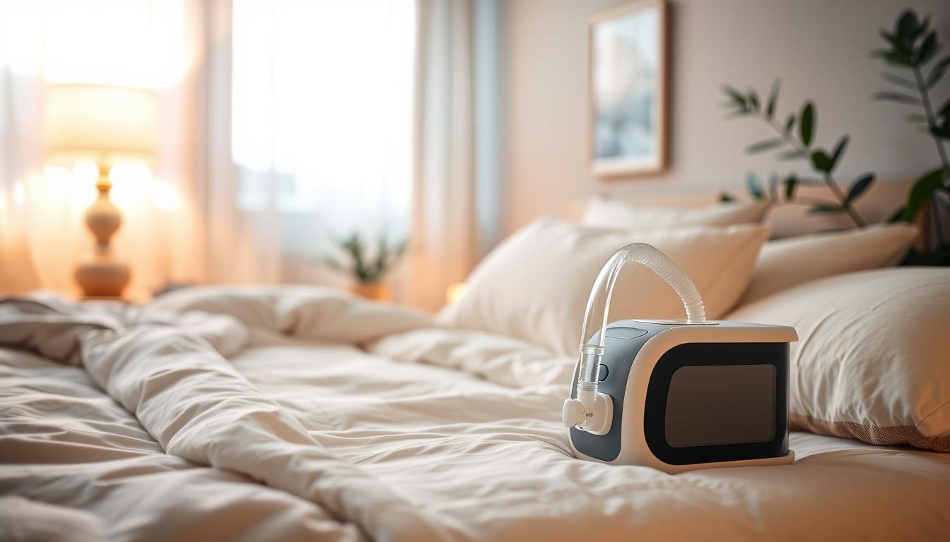 A cozy and calming bedroom environment designed for optimal sleep therapy using a CPAP machine. In the foreground, focus on a comfortable bed with soft, fluffy pillows and soothing blankets, ensuring a peaceful atmosphere. Include a CPAP machine with a nasal pillow mask connected to a sleek tubing, placed on a bedside table, softly illuminated by a bedside lamp emitting warm, ambient light. In the middle ground, feature gentle curtains drawn to allow soft, filtered natural light, enhancing tranquility. The background showcases a tranquil wall color and perhaps a serene piece of artwork, along with a plant to symbolize greenery and relaxation. The overall mood should convey calmness and comfort, promoting a sense of well-being conducive to restful sleep.