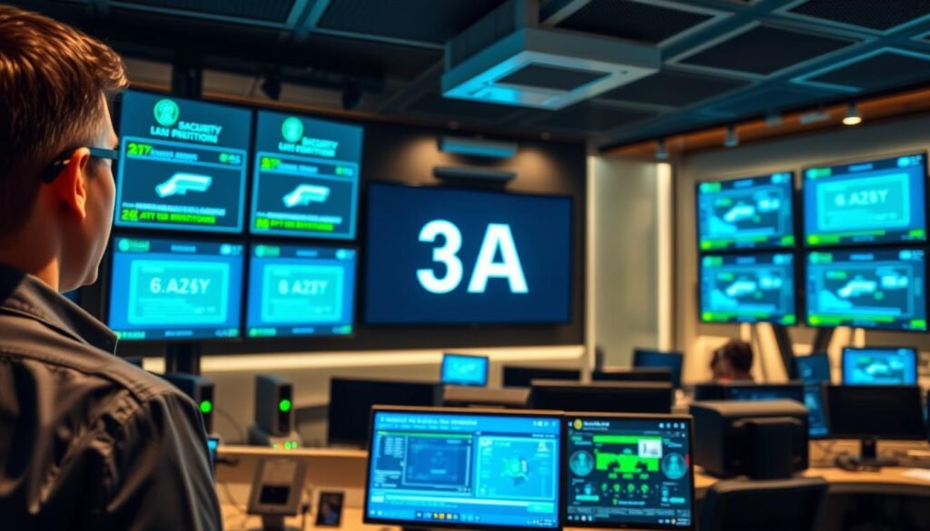A modern digital entertainment security center representing "3A", focused on protecting minors from accessing restricted content. In the foreground, a professional-looking technician wearing business attire is monitoring multiple screens displaying safety protocols and access restrictions. The middle ground features advanced security systems, such as biometric scanners and surveillance cameras, with a vibrant blue and green color scheme to evoke a high-tech feel. In the background, there's a well-organized control room with dim, ambient lighting highlighting the digital displays. The atmosphere is serious yet innovative, emphasizing safety and compliance in a clean, modern setting that reflects the importance of protecting young users in digital spaces.
