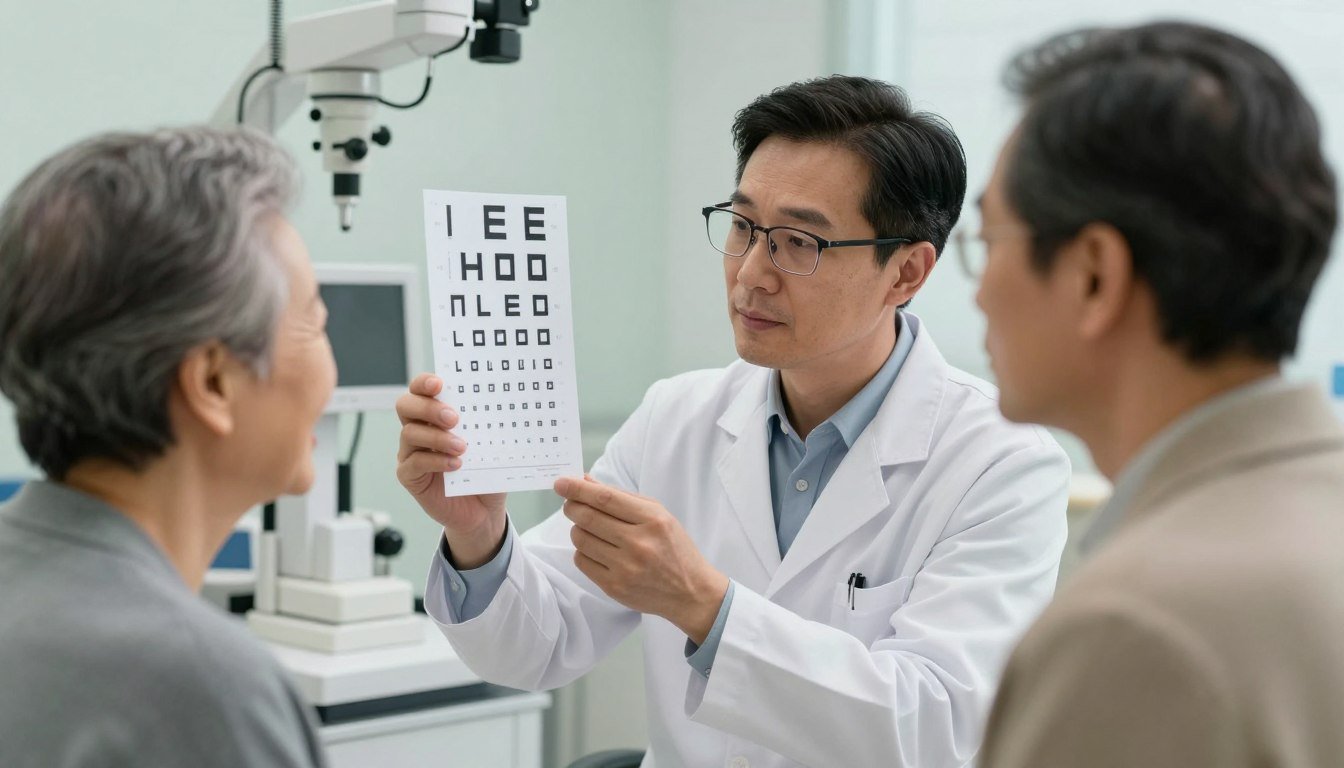 A professional ophthalmologist in a modern clinic setting, focusing intently on an Amsler Grid as a patient holds it up for examination. The doctor, wearing a white lab coat and glasses, displays a look of concentration and empathy while examining signs of macular degeneration. The patient, an older adult, listens attentively, appearing engaged in the process. Soft, natural lighting illuminates the scene, highlighting the doctor's thoughtful expression and the details of the Amsler Grid. In the background, the clinic is equipped with high-tech ophthalmic instruments and a calming color palette, contributing to a reassuring atmosphere. The angle emphasizes the interaction between the doctor and patient, with a shallow depth of field to focus on their connection.