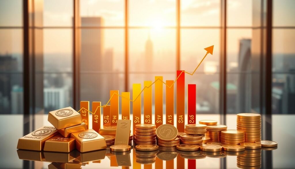 A detailed representation of the latest gold prices for one tael, depicted as a striking bar chart overlaying an elegant, soft-focus background of a modern financial office. In the foreground, intricately designed gold bars and coins are artistically arranged, symbolizing wealth and investment. The middle ground features the dynamic bar graph showing fluctuating gold prices, with vibrant colors highlighting price increases. The background reveals a panoramic view of a city skyline through large glass windows, bathed in warm morning light, creating an optimistic and professional atmosphere. The scene should convey clarity, sophistication, and a sense of market activity. The image is well-lit, capturing reflections and textures to enhance the richness of the gold elements while maintaining a clean, organized layout.