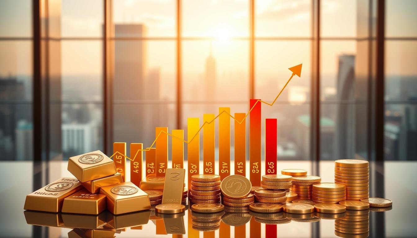 A detailed representation of the latest gold prices for one tael, depicted as a striking bar chart overlaying an elegant, soft-focus background of a modern financial office. In the foreground, intricately designed gold bars and coins are artistically arranged, symbolizing wealth and investment. The middle ground features the dynamic bar graph showing fluctuating gold prices, with vibrant colors highlighting price increases. The background reveals a panoramic view of a city skyline through large glass windows, bathed in warm morning light, creating an optimistic and professional atmosphere. The scene should convey clarity, sophistication, and a sense of market activity. The image is well-lit, capturing reflections and textures to enhance the richness of the gold elements while maintaining a clean, organized layout.