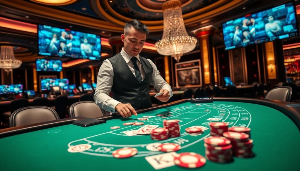A luxurious casino setting featuring a professional live dealer at a high-stakes baccarat table. In the foreground, an elegantly dressed dealer, wearing a sleek black vest and white shirt, expertly shuffles cards. In the middle, a polished green felt table showcases baccarat chips and cards, captured in sharp detail, reflecting the hustle of the game. Sleek, high-resolution screens display live video feeds of the game, emphasizing the advanced technology that supports 5G connectivity. The background features opulent décor with soft, ambient lighting creating a vibrant yet sophisticated atmosphere, enhancing the sense of excitement and luxury in the gaming experience. The angle is slightly tilted to emphasize the depth of the casino space while focusing on the dealer and the game. The scene evokes a mood of anticipation and glamour, perfectly capturing the excitement of live baccarat gaming.