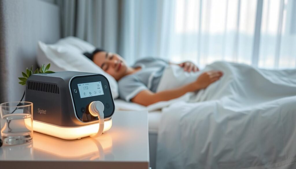 A serene bedroom scene depicting the health benefits of a sleep apnea machine. In the foreground, a sleek, modern CPAP machine sits on a bedside table, with a soft glow emanating from its display. Envelop the device with calming elements, such as a glass of water and a soothing plant. In the middle ground, a sleeping individual, dressed in modest sleepwear, rests peacefully with a subtle, comfortable smile. The background features soft, diffused lighting through sheer curtains, creating an inviting atmosphere. The color palette is calming with soft blues and whites to evoke tranquility. Capture the mood of serenity and health, emphasizing the positive impact of sleep apnea therapy on overall well-being.