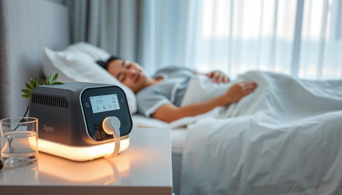 A serene bedroom scene depicting the health benefits of a sleep apnea machine. In the foreground, a sleek, modern CPAP machine sits on a bedside table, with a soft glow emanating from its display. Envelop the device with calming elements, such as a glass of water and a soothing plant. In the middle ground, a sleeping individual, dressed in modest sleepwear, rests peacefully with a subtle, comfortable smile. The background features soft, diffused lighting through sheer curtains, creating an inviting atmosphere. The color palette is calming with soft blues and whites to evoke tranquility. Capture the mood of serenity and health, emphasizing the positive impact of sleep apnea therapy on overall well-being.