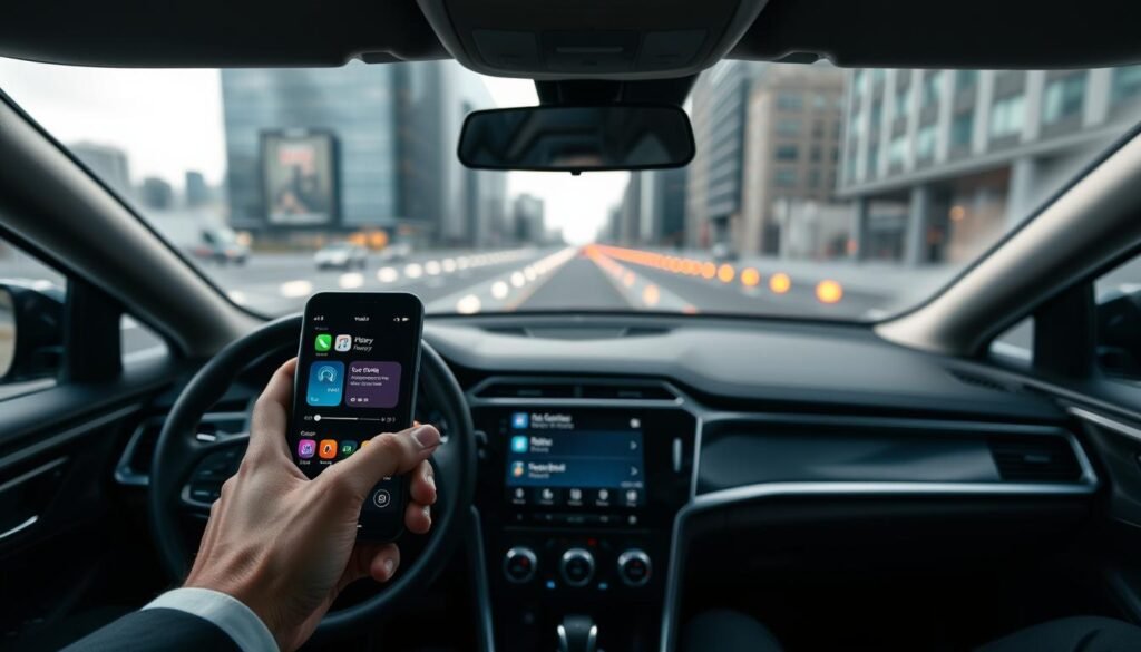 A sleek, modern car interior featuring an iPhone displaying the CarPlay interface, highlighting music playback and voice control settings. The iPhone screen should show vibrant icons and a clear layout indicating privacy settings for location access. In the foreground, a driver's hands in professional attire gently interact with the touchscreen. The middle layer features a modern dashboard with soft ambient lighting, creating a calm and focused atmosphere. The background depicts a blurred cityscape visible through the car windows, suggesting movement and connectivity. Use a wide-angle lens perspective to capture the entire scene, emphasizing the blend of technology and user control. The overall mood should convey security, attentiveness, and the importance of privacy while driving.