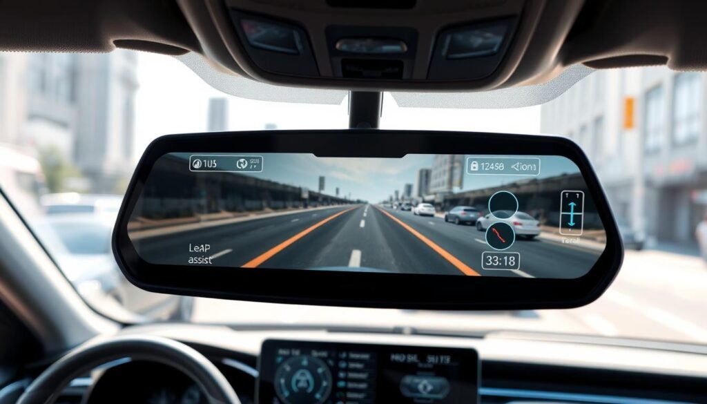 An advanced electronic rearview mirror integrated with ADAS technology, prominently displayed in the foreground. The mirror reflects a dynamic view of the road and surrounding environment, enhanced by digital overlays showing safety features like lane assist, distance monitoring, and blind-spot detection. In the middle ground, a modern car interior showcases sleek technology, with a dashboard that includes high-tech displays and controls. The background features a softly blurred street scene with various vehicles to emphasize the busy urban environment. The lighting is bright and clear, simulating daylight, with a slight focus effect on the mirror to draw attention. The overall mood is futuristic and innovative, symbolizing safety and advanced technology in automotive design.