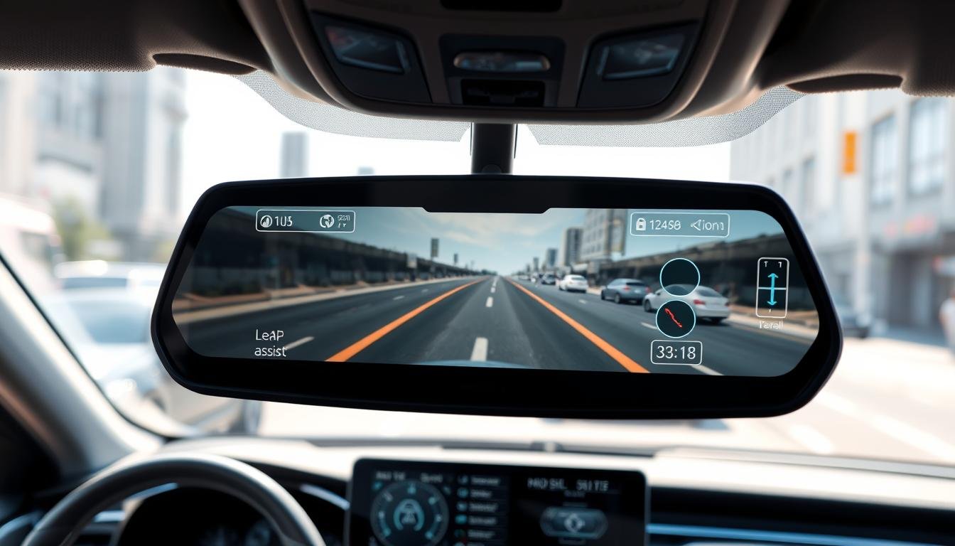 An advanced electronic rearview mirror integrated with ADAS technology, prominently displayed in the foreground. The mirror reflects a dynamic view of the road and surrounding environment, enhanced by digital overlays showing safety features like lane assist, distance monitoring, and blind-spot detection. In the middle ground, a modern car interior showcases sleek technology, with a dashboard that includes high-tech displays and controls. The background features a softly blurred street scene with various vehicles to emphasize the busy urban environment. The lighting is bright and clear, simulating daylight, with a slight focus effect on the mirror to draw attention. The overall mood is futuristic and innovative, symbolizing safety and advanced technology in automotive design.