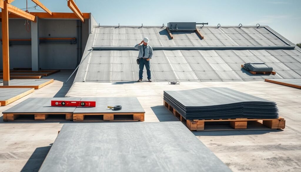 A construction site showcasing the preparation of flat roofing sheets, featuring a clean, organized workspace. In the foreground, a set of neatly arranged roofing sheets is displayed on sturdy wooden pallets, with tools like a level and measuring tape beside them. The middle ground features a professional contractor, dressed in a hard hat and business casual attire, examining the integrity of the substrate, highlighting the importance of a solid foundation. In the background, the partially completed roof with visible insulation and drainage systems offers context. Bright, natural lighting enhances the scene, emphasizing the clean lines and textures of the materials. The mood is focused and industrious, conveying the meticulous nature of substrate preparation for flat roofing applications.