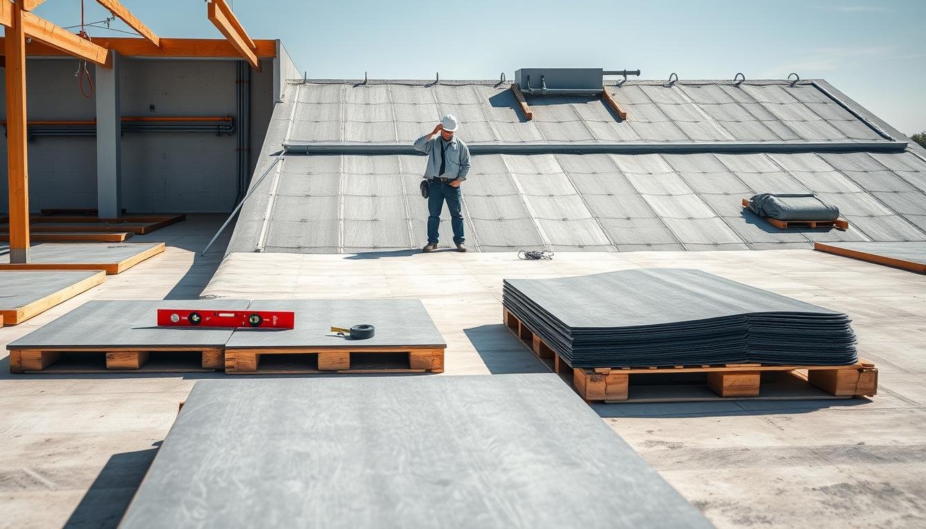 A construction site showcasing the preparation of flat roofing sheets, featuring a clean, organized workspace. In the foreground, a set of neatly arranged roofing sheets is displayed on sturdy wooden pallets, with tools like a level and measuring tape beside them. The middle ground features a professional contractor, dressed in a hard hat and business casual attire, examining the integrity of the substrate, highlighting the importance of a solid foundation. In the background, the partially completed roof with visible insulation and drainage systems offers context. Bright, natural lighting enhances the scene, emphasizing the clean lines and textures of the materials. The mood is focused and industrious, conveying the meticulous nature of substrate preparation for flat roofing applications.